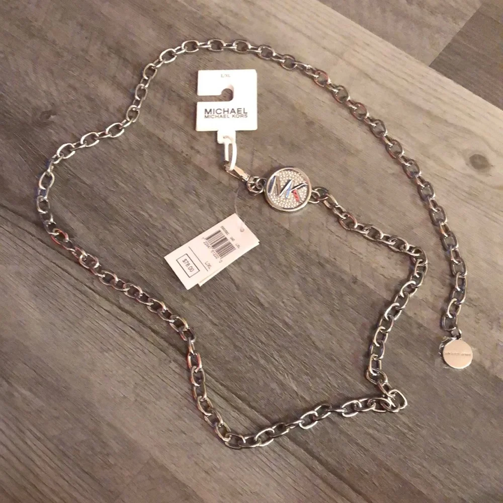 Michael Kors Silver Tone Chain Link Belt With Round Pave MK Logo Size L/XL NWT - Picture 12 of 12